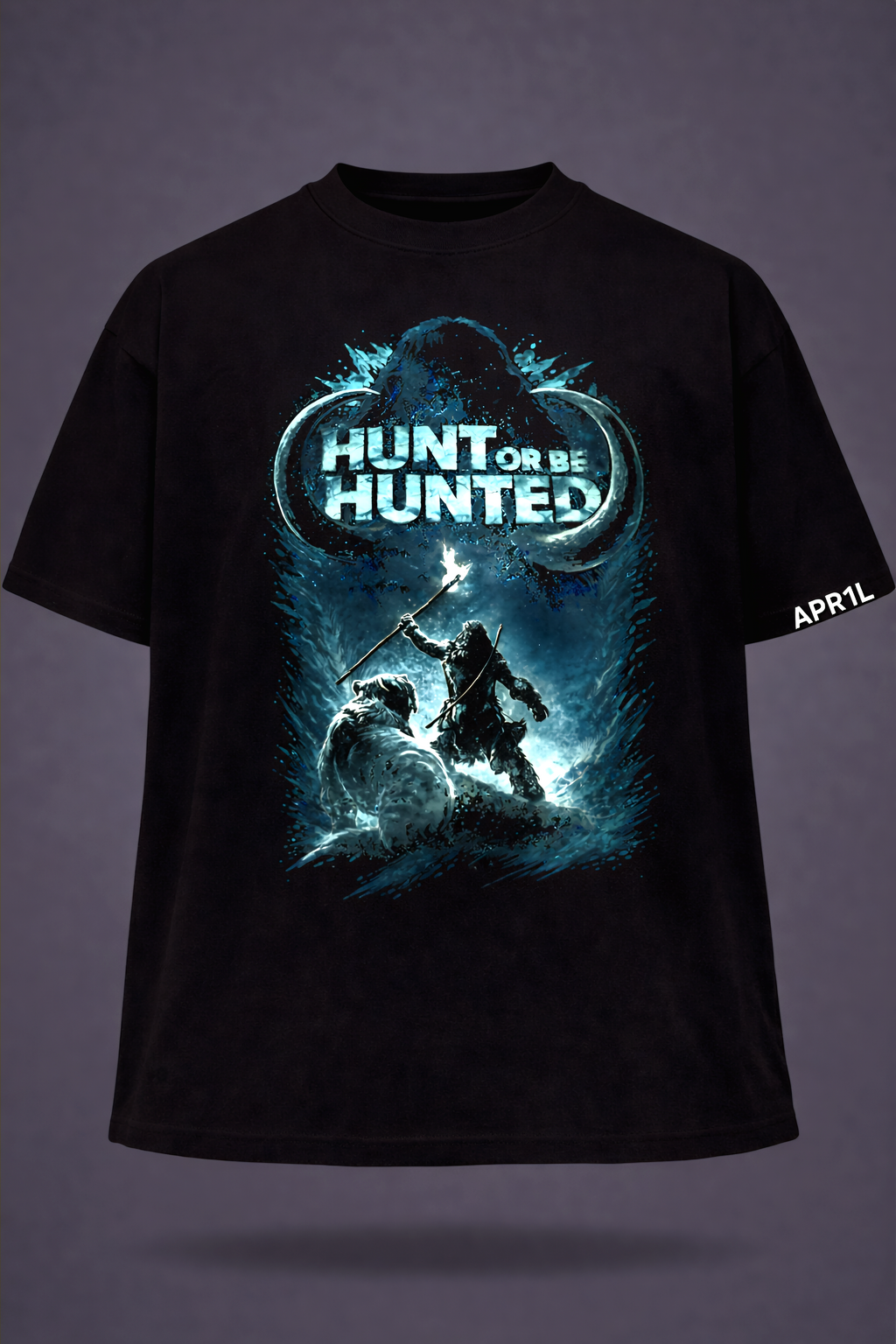 Model wearing APR1L Bounty charcoal grey oversized graphic t-shirt in dark aesthetic.