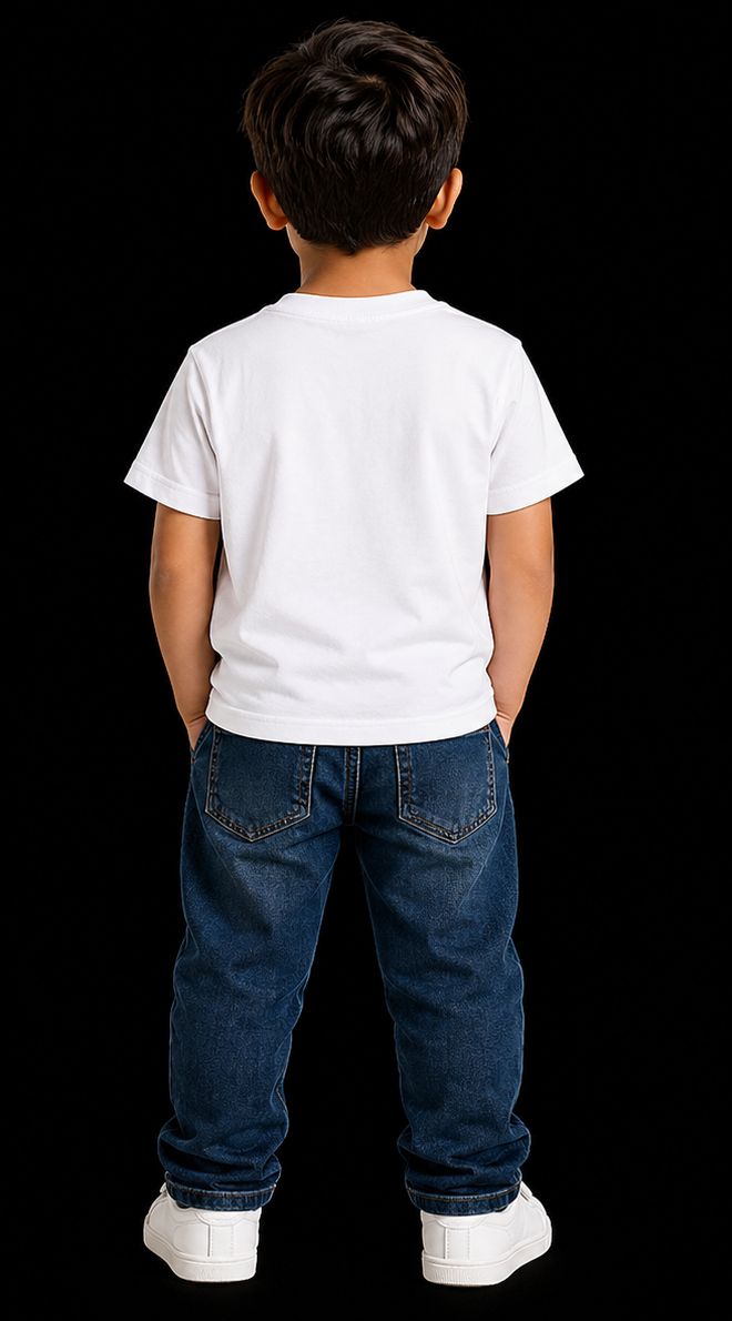 Child wearing a white t-shirt and blue jeans on a black background

cute kids white t-shirt with playful cartoon graphic front view
kids cotton graphic tee mischievous character design
soft cotton kids t-shirt front and back white tee