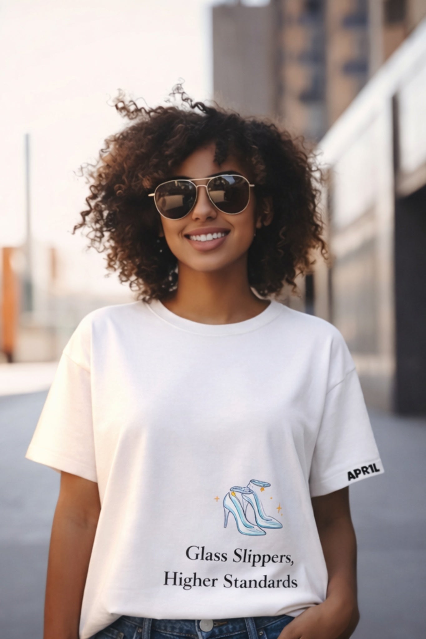 Model wearing APR1L Midnight white aesthetic oversized t-shirt with glass slippers higher standards quote.
