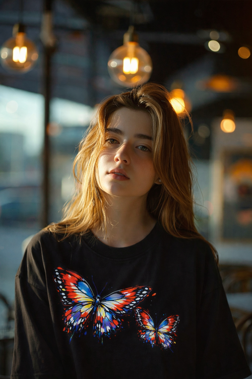 Model wearing APR1L Morpho butterfly graphic aesthetic oversized t-shirt in Y2K streetwear style.