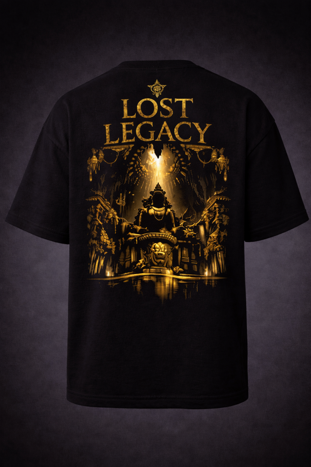Model wearing APR1L Legacy jungle black oversized aesthetic t-shirt for daily streetwear.