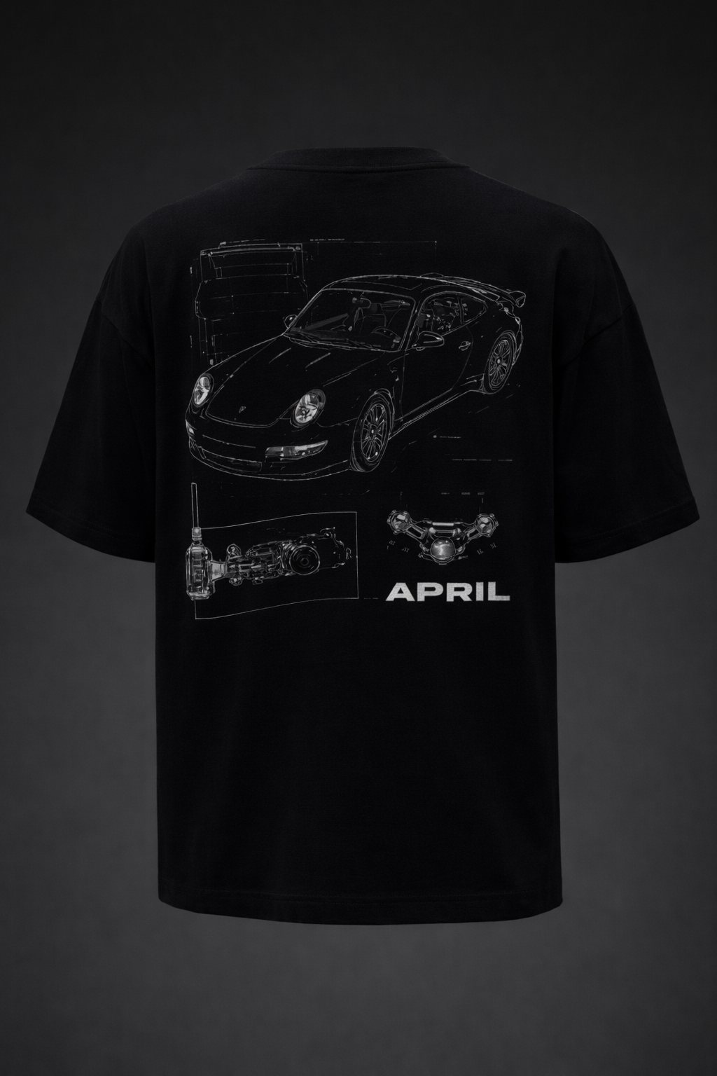 Model wearing APR1L Autobahn vintage black oversized motorsport graphic t-shirt.