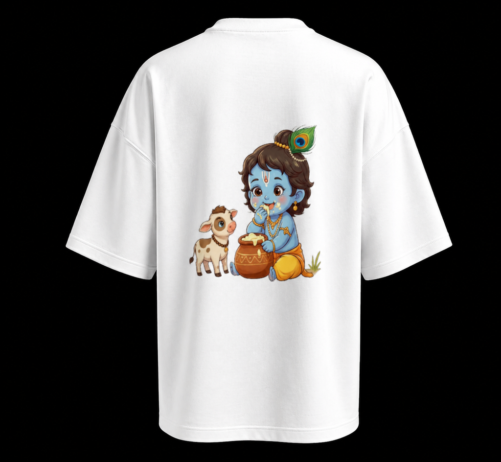 APR1L Mini Toons Little Krishna Butter Oversized T-Shirt – Premium Cotton | Mini Toons Kids Mythology Cartoon Tee