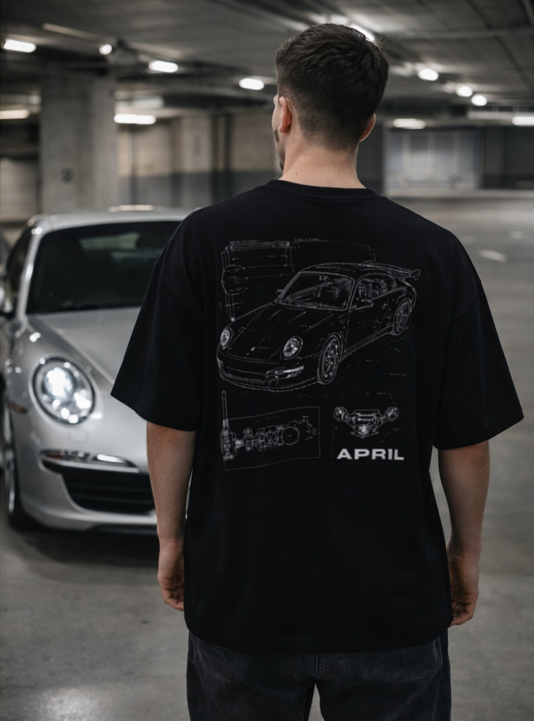 APR1L Motor Blueprint Oversized T-Shirt – Premium 240 GSM French Terry Cotton | Unisex Automotive Streetwear Tee