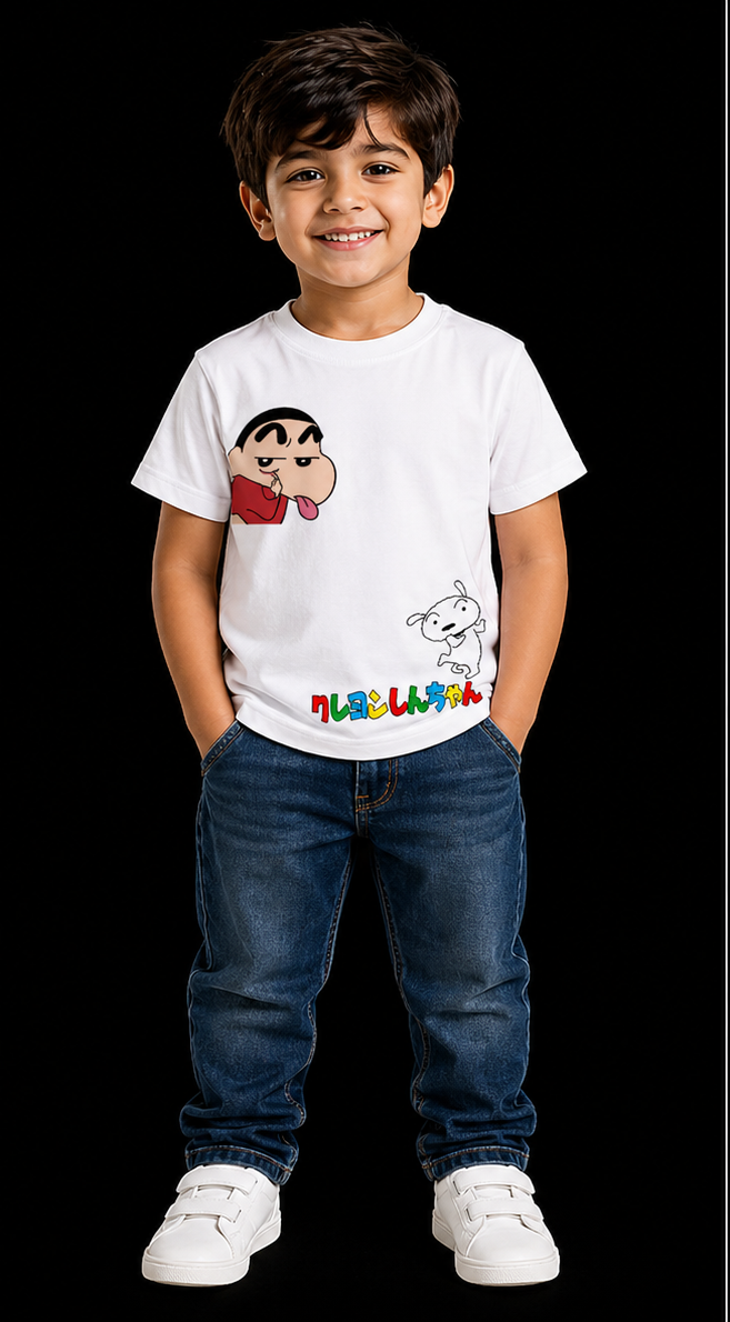 cute kids white t-shirt with playful cartoon graphic front view
kids cotton graphic tee mischievous character design
soft cotton kids t-shirt front and back white tee